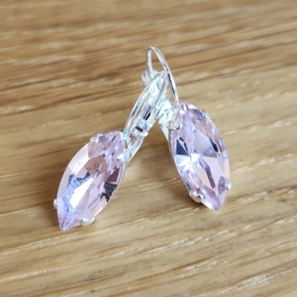Silver Lever Back Drop Earrings, Light Pink Crystals, Hand Crafted - Picture 7 of 9